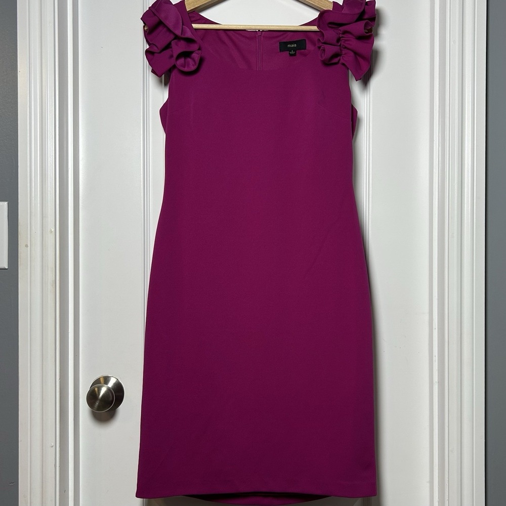 Maia Magenta Scuba Knit Rosette Shoulder Fitted Sheath Dress